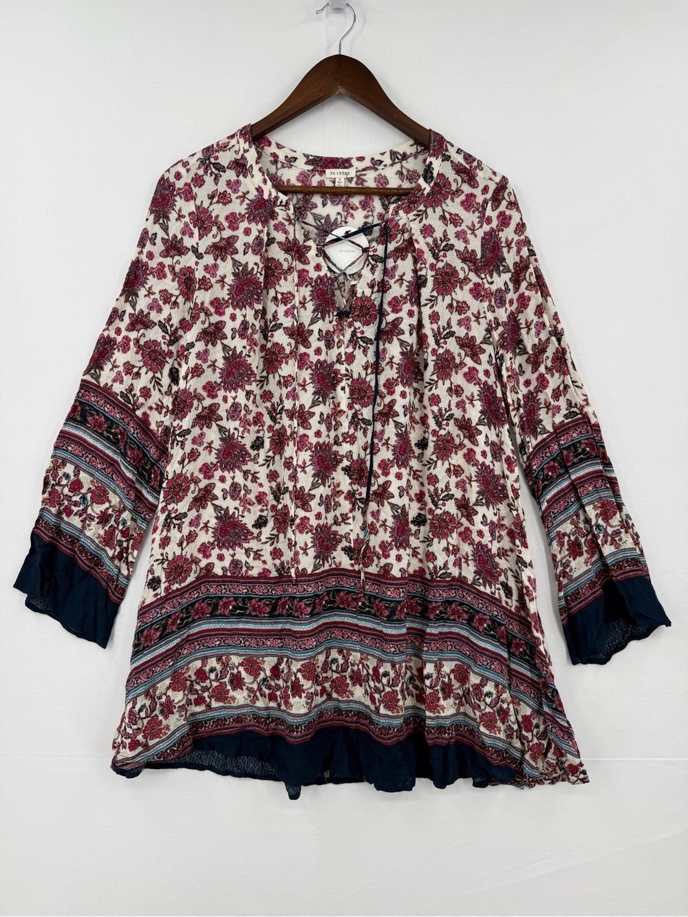 En Crème Floral Boho Dress Size S Bell Sleeve Tunic Pink Navy - Picture 2 of 11